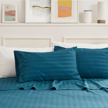 Cooling Satin Striped Sheets Set for Hot Sleepers-Teal