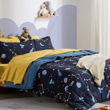 Blue Galaxy Printed Kids Bedding Set Navy Blue/Yellow