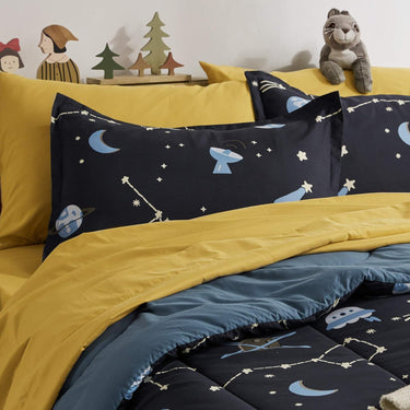 Blue Galaxy Printed Kids Bedding Set Navy Blue/Yellow