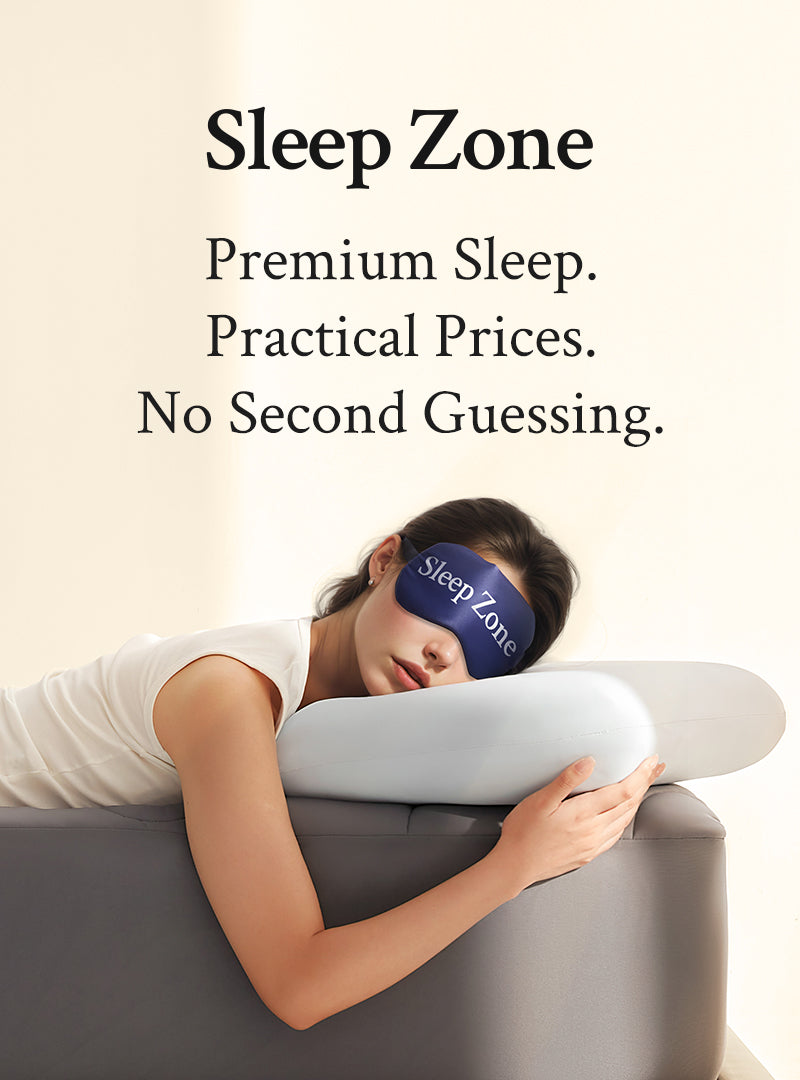 Person using a Sleep Zone eye mask and pillow on a couch with promotional text.