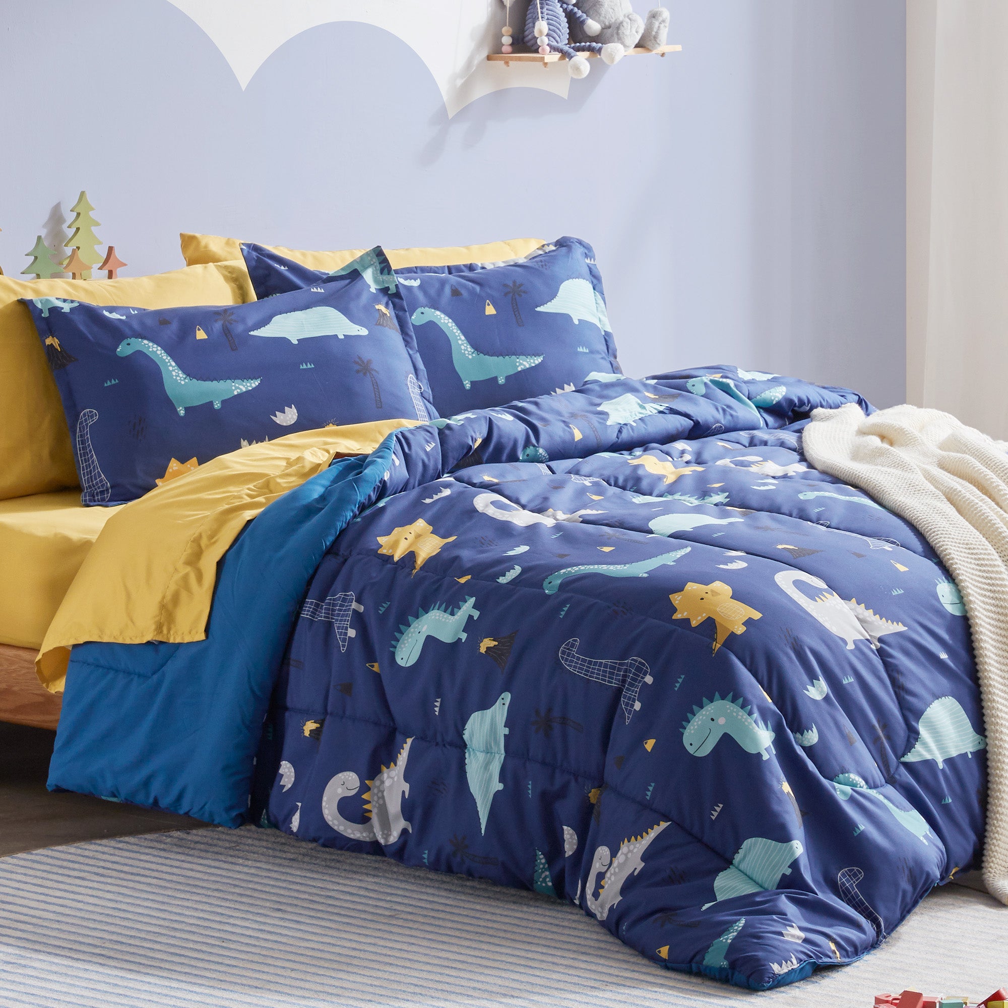 Dino Family Kids Printed Comforter Set Blue/Yellow – Sleep Zone