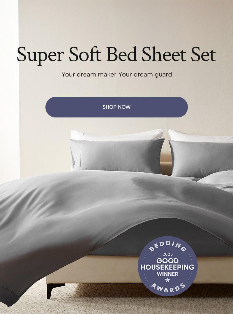 Super soft bed sheet set with Good Housekeeping Award badge on a neutral background