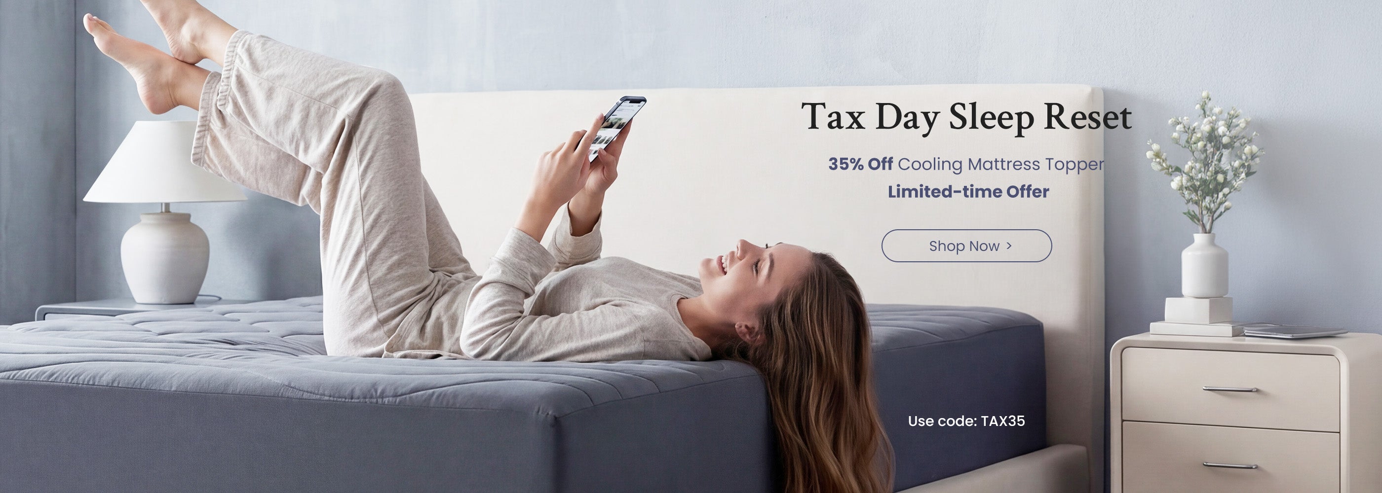 Woman relaxing on bed with smartphone, TEXT over head says