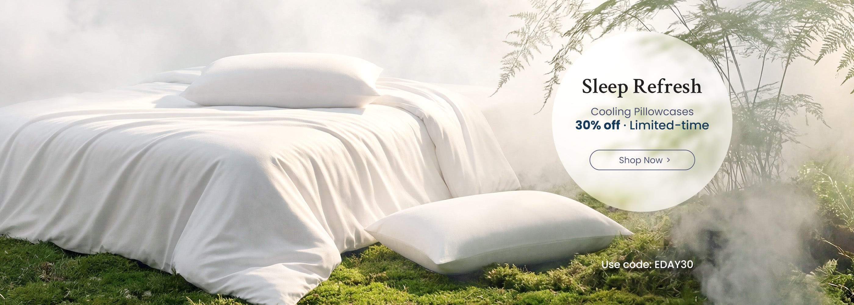 White bedding set on a bed with a serene outdoor background, featuring a promotional message:cooling pillowcases 30% off.