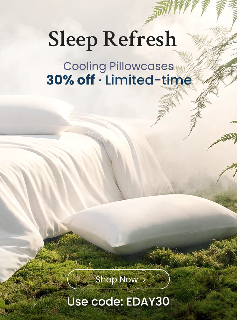White bedding set on a bed with a serene outdoor background, featuring a promotional message:cooling pillowcases 30% off.