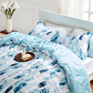 sleep zone cottonnest bedding digital printed geometry ink blue duvet cover sets bedroom read and coffee on bed