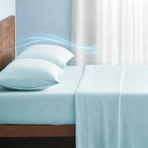 Light blue cooling sheets with airflow illustration for night sweats