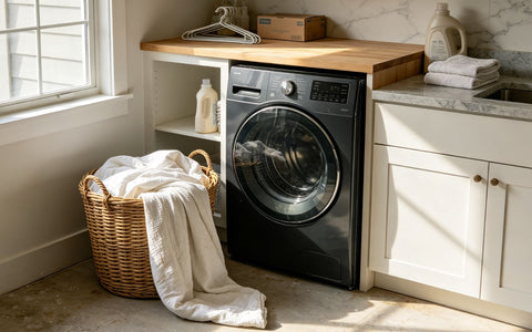 ooling sheets beside a front-loading washing machine in a laundry room