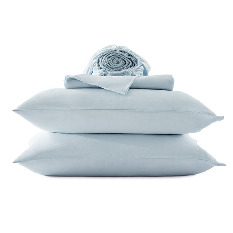 Blue European linen sheet set with matching pillowcases