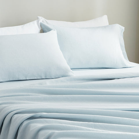 Blue European linen pillowcases and sheets with breathable natural texture