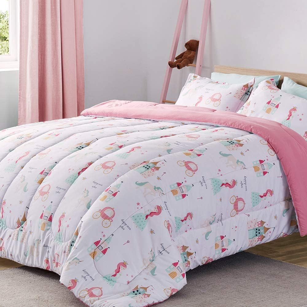 Princess Castle Kids Comforter Set Printed Kids Bedding Set Little Girl White/Pink