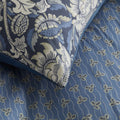 Close-up of blue fabric with floral patterns