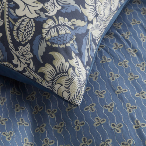 Close-up of blue fabric with floral patterns
