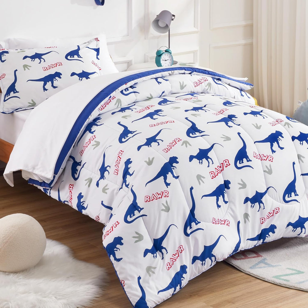 Dark Blue Dinosaur Footprints Kids Comforter Bedding Set
