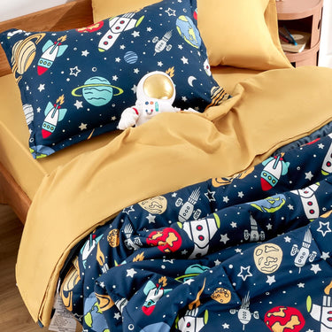 Rocket Galaxy Printed Kids Bedding Set Navy Blue/Yellow