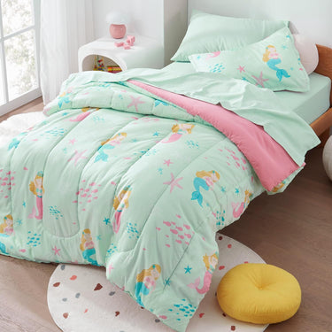 Mermaid Princess Kids Comforter Set Printed Kids Bedding Set Green/Pink