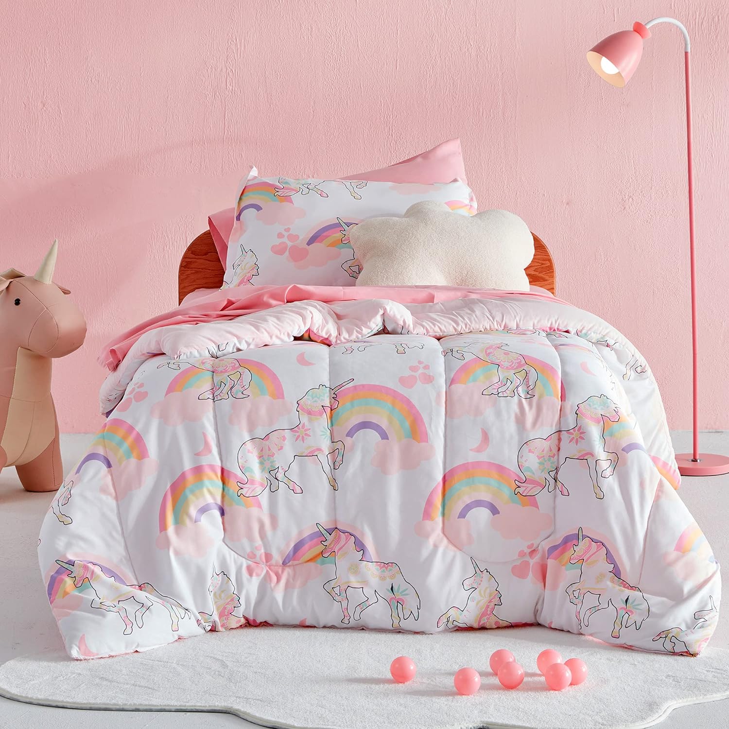 Pink Unicorn Kids Comforter Set Printed Kids Bedding Set Little Girl White/Pink