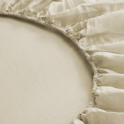 Beige European linen fitted sheet with a 16-inch deep pocket for a secure mattress fit