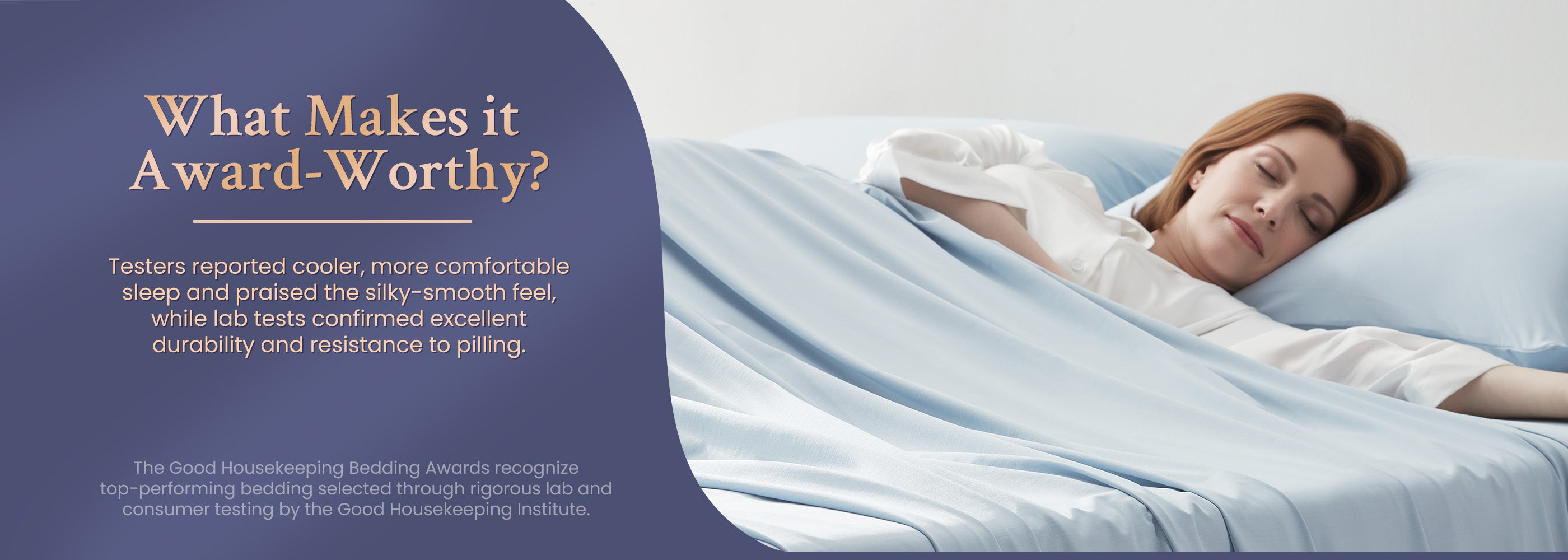 A woman sleeping comfortably on cool zone cooling bed sheets. Text on the left reads: 'Cool Zone sheet set is recognized by Good Housekeeping awards for its top performance and tested by consumers