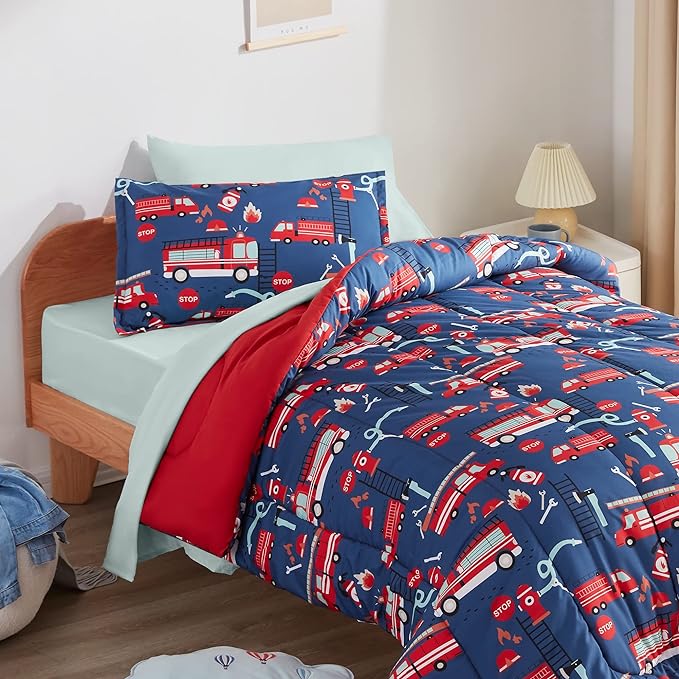 Fire Truck Kids Printed Bedding Set Blue/Red