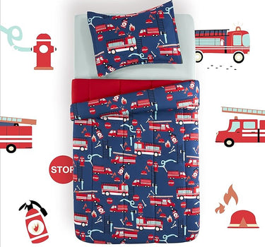 Fire Truck Kids Printed Comforter Set Blue/Red