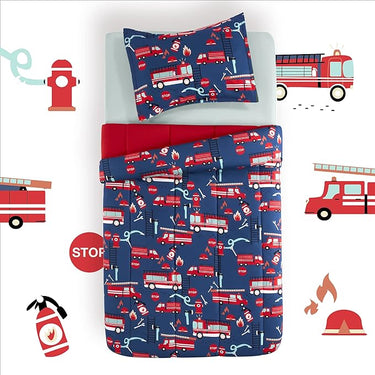 Fire Truck Kids Printed Bedding Set Blue/Red