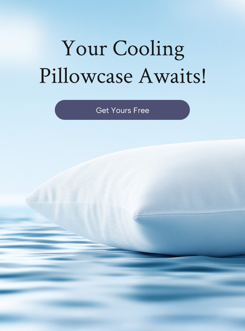 White cooling pillowcase on water with promotional text overlay