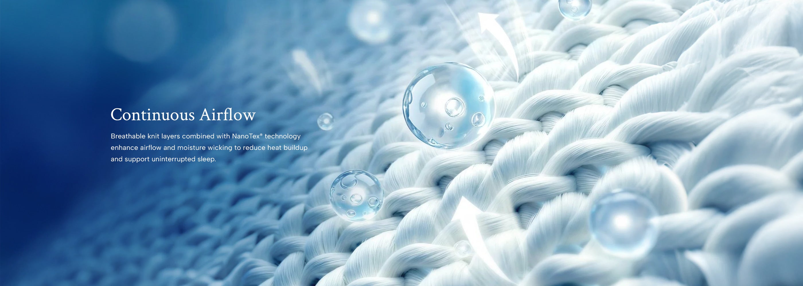 a close-up view of breathable knit layers of cooling fabrics with bubbles and 'Continuous Airflow' text on a blue gradient background with text on the left saying: breathable knit layers combined with nanotex technology enhance airflow and moisture wicking to reduce heat buildup and support uninterrupted sleep