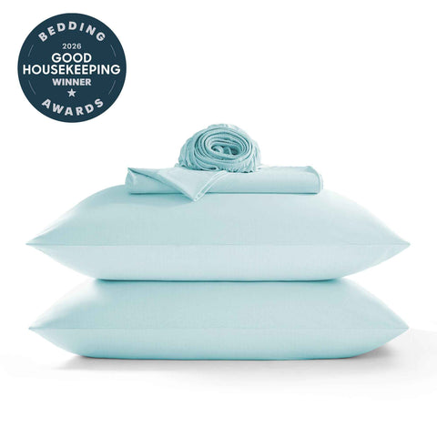 Aqua blue cooling sheet set with 2026 Good Housekeeping Award badge on a white background