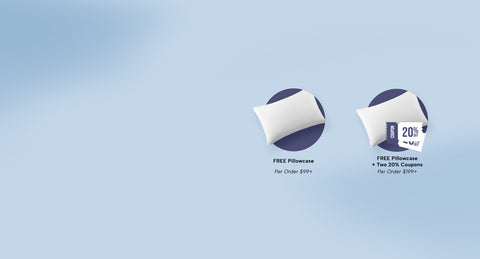 Two pillows with promotional text on a light blue background