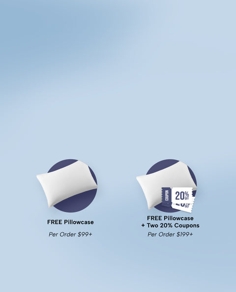 Two pillows with promotional text on a light blue background
