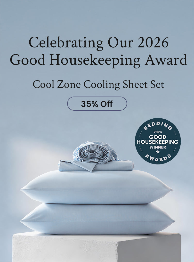 Introducing 2026 good housekeeping award-sleep zone cool zone cooling sheet set featuring q-max cooling techonology, trusted by thousands of hot sleepers.
