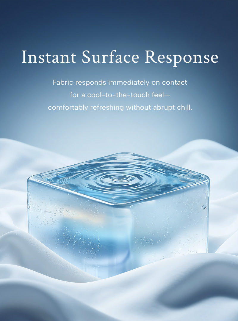 Ice cube on a textured white surface with a blue gradient background with text on the left saying: fabrics responds immediatedly on contact for a cool-to-the-touch feel