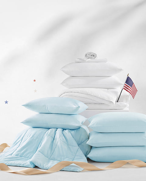 Stack of light blue and white cooling bedding products on a white background with an American flag. 