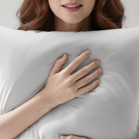 Person holding a blue pillow with a soft texture
