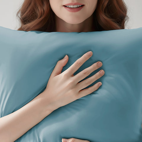 Person holding a blue pillow with a soft texture
