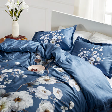 sleep zone cottonnest bedding digital printed classic peony flower duvet cover sets  navy blue bedroom read and coffee on bed