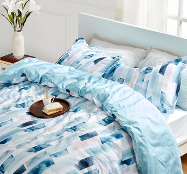 sleep zone cottonnest bedding digital printed geometry ink blue duvet cover sets bedroom read and coffee on bed
