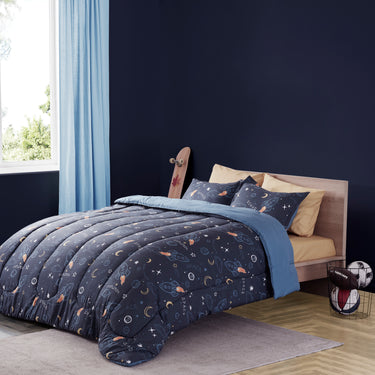 sleep zone bedding space adventure kids comforter set boy navy blue bedroom with balls side viiew