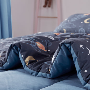sleep zone bedding space adventure kids comforter set boy navy blue bedroom with balls details