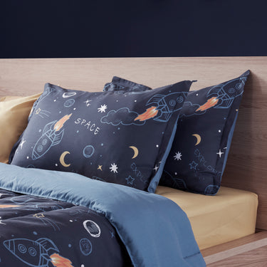 sleep zone bedding space adventure kids comforter set boy navy blue bedroom with balls front view