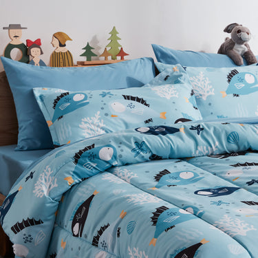 Light Blue Little Fish Kids Comforter Set Printed Kids Bedding Set
