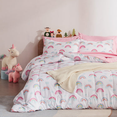 White Pink Rainbow Printed Kids Comforter Set