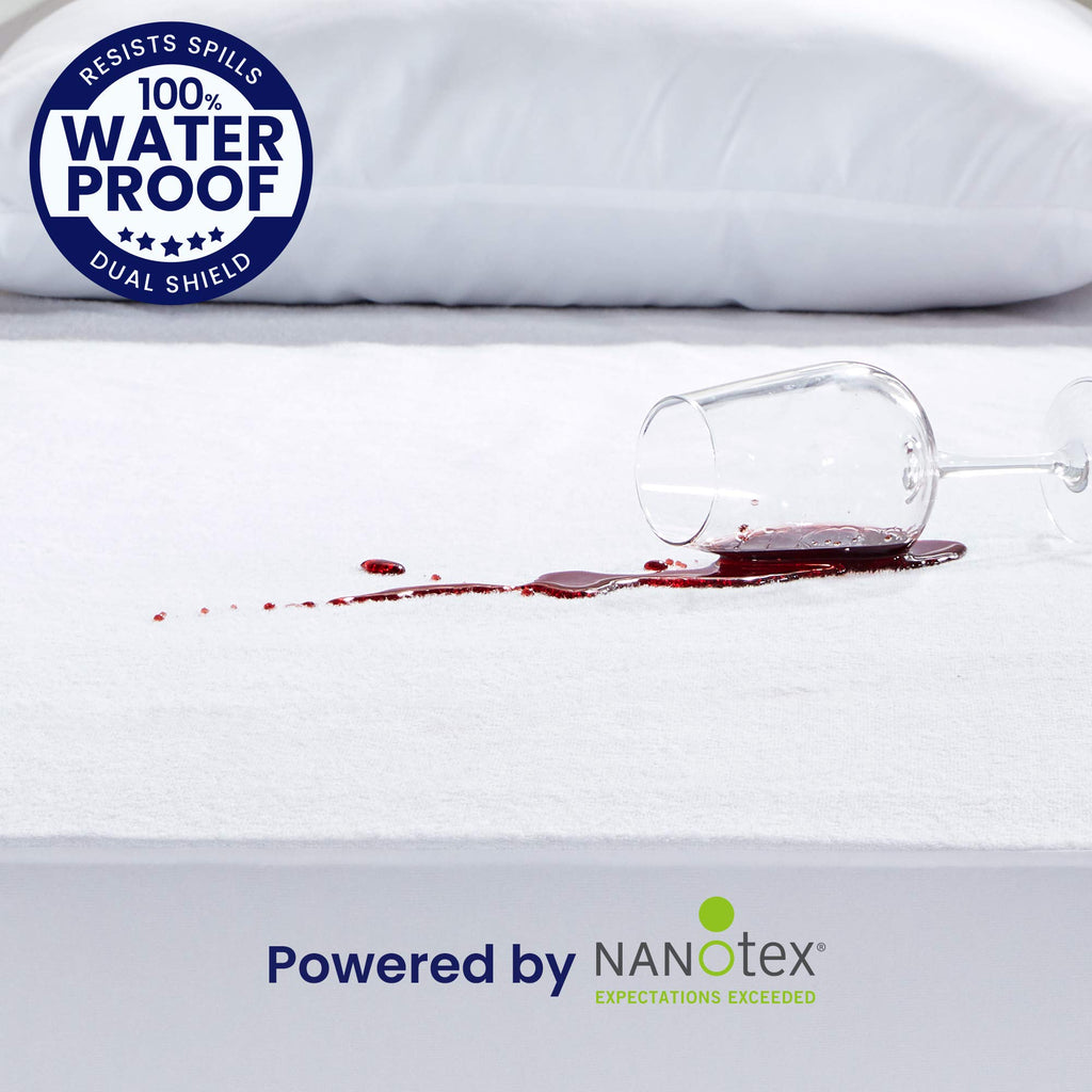 sleep zone bedding dual shield waterproof mattress protector nanotex white wine glass on bed