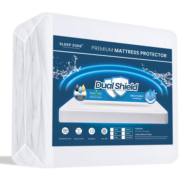 sleep zone bedding dual shield waterproof mattress protector white pack box