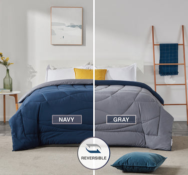 sleep zone bedding all season u shape reversible comforter navy blue grey queen king bedroom sunshine
