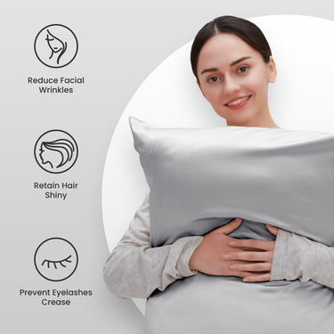 sleep zone bedding luxe norishing skin friendly satin pillowcases light gray silver woman people hold
